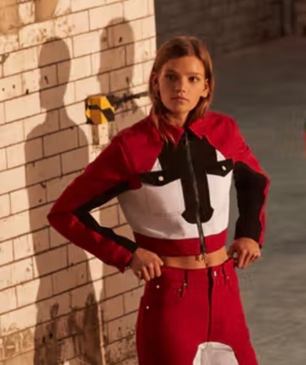 Kirin Peggy Gou Cropped Moto Jacket Red Y2K Rave Streetwear XS Denim Racing